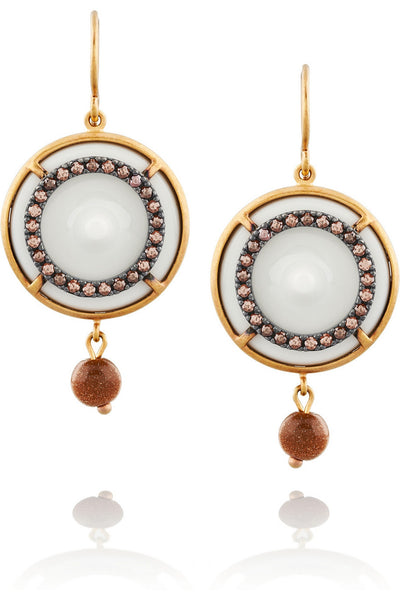 Gold-plated, cubic zirconia and porcelain drop earrings