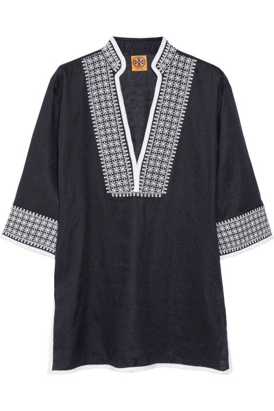 Pearl embroidered linen tunic